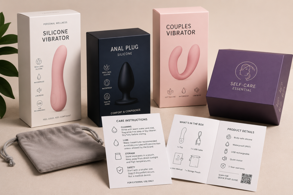 adult toy packaging display with care instructions and storage pouch