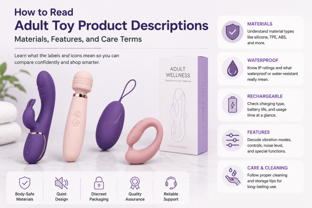 adult toy product description guide with features materials and care icons display