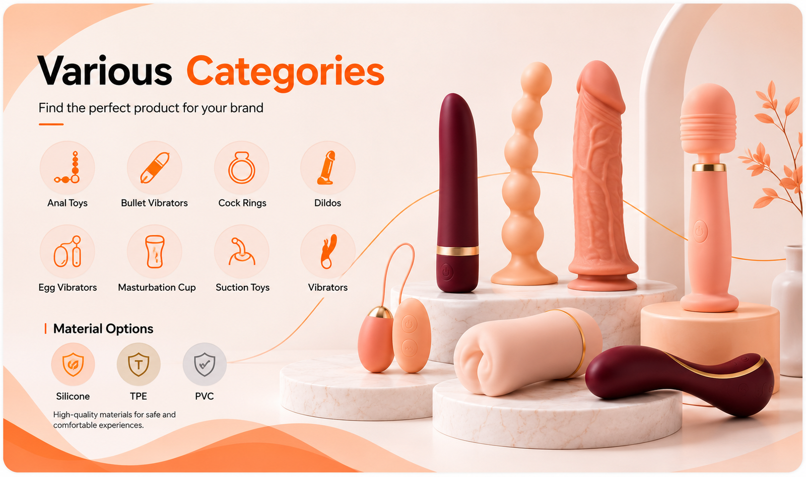 Wholesale adult toys and torso products for OEM and distribution including vibrators, dildos and silicone materials