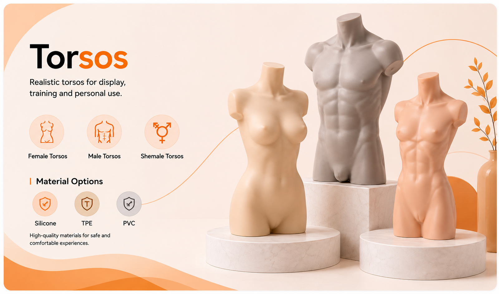 Wholesale torso mannequins for female male and custom adult product display training and OEM manufacturing made from silicone TPE and PVC materials