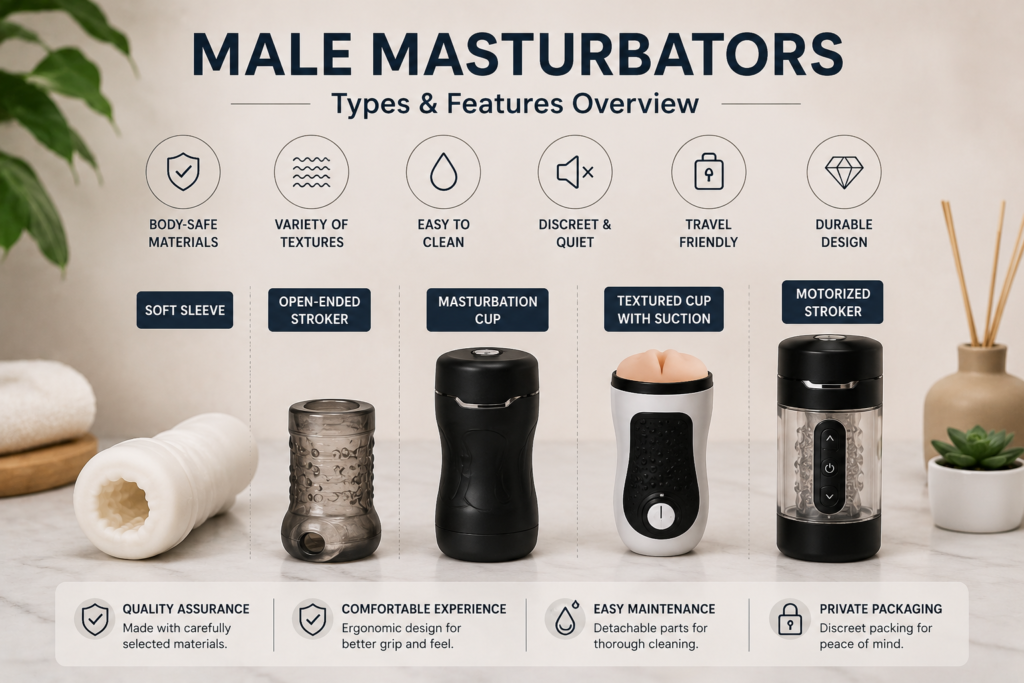 male masturbator product lineup with type and feature overview