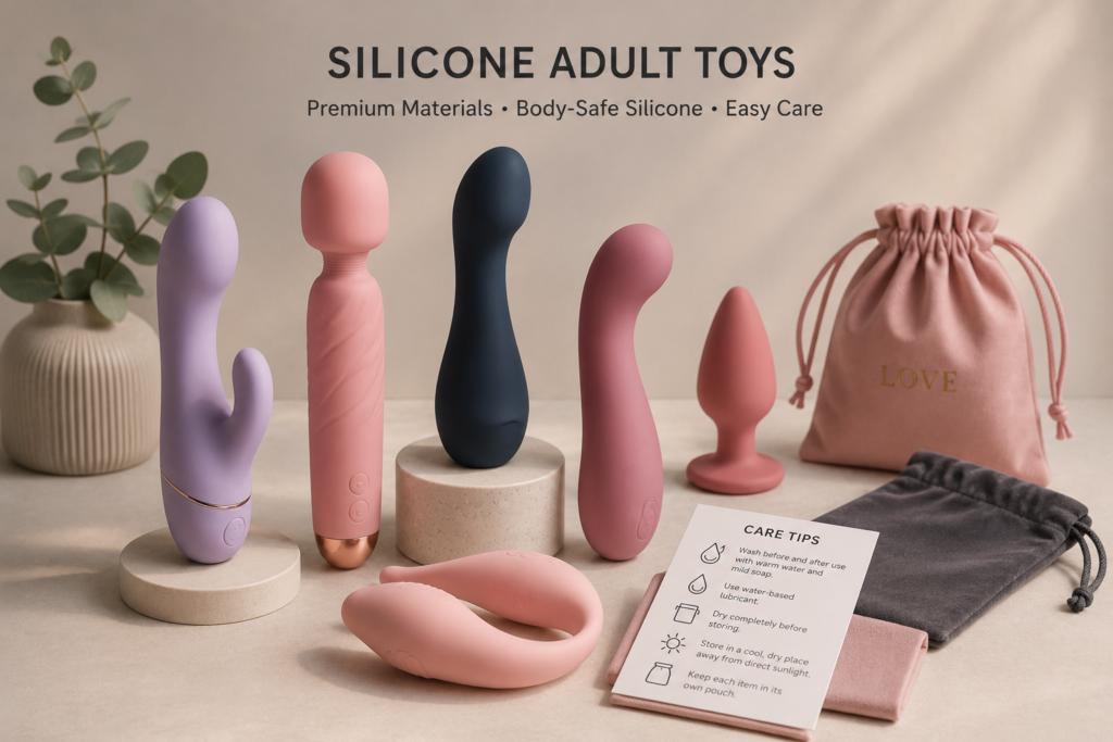 silicone adult toys material display with care tips and storage pouches