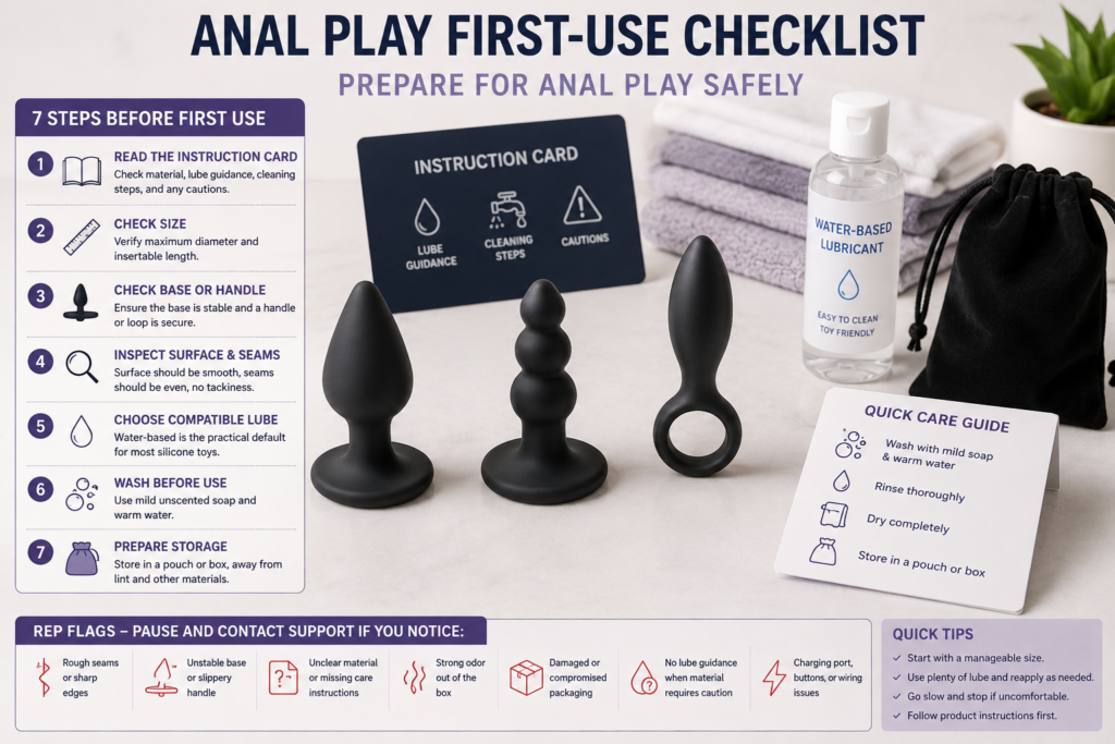 anal play first-use checklist with toys lubricant instruction card and care guide