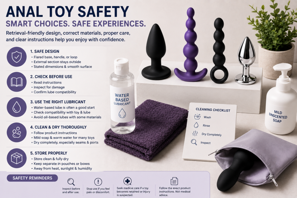 anal toy safety checklist with flared base lubricant cleaning supplies and storage pouch