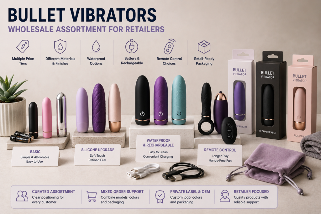 bullet vibrators wholesale assortment for retailers with price tiers materials rechargeable options and retail-ready packaging