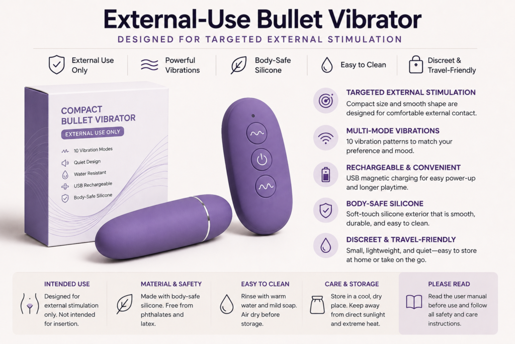 external-use bullet vibrator product description guide with packaging icons material notes care instructions and intended-use wording