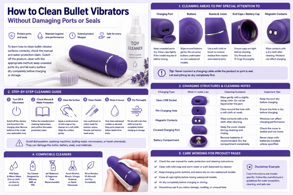 how to clean bullet vibrators with charging port seam button seal and compatible cleaner care guide