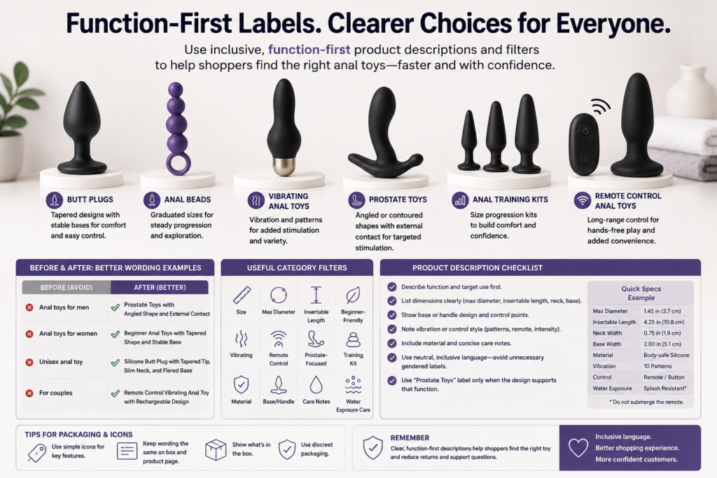 inclusive anal toy product descriptions with function-first labels category filters and product checklist