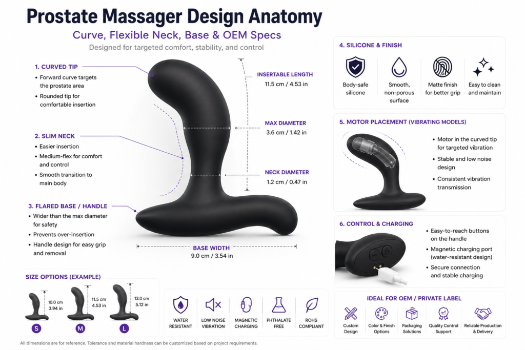 prostate massager design anatomy with curve neck base motor placement and OEM specs
