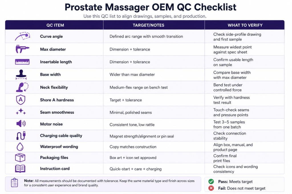 prostate massager OEM QC checklist for curve angle diameter base width motor noise and packaging verification