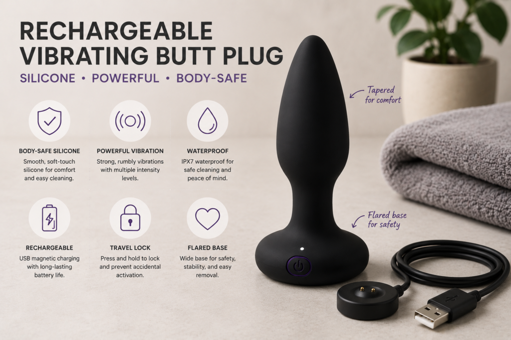 rechargeable vibrating butt plug with silicone body and charging cable