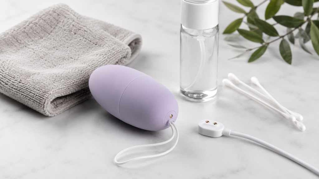 How to clean an egg vibrator showing a soft cloth, cleaner, retrieval cord, charging contacts, and care tools