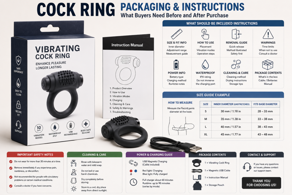 cock ring packaging and instruction guide showing sizing removal warnings battery charging cleaning care and package contents