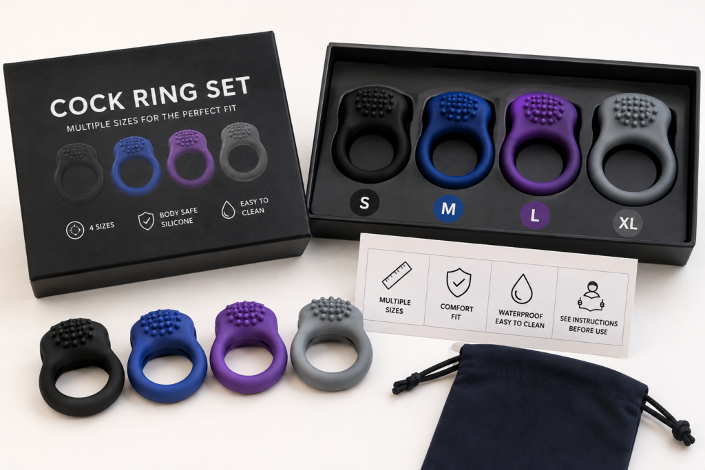 multi-size cock ring set with color-coded S M L and XL rings packaging instructions and storage pouch