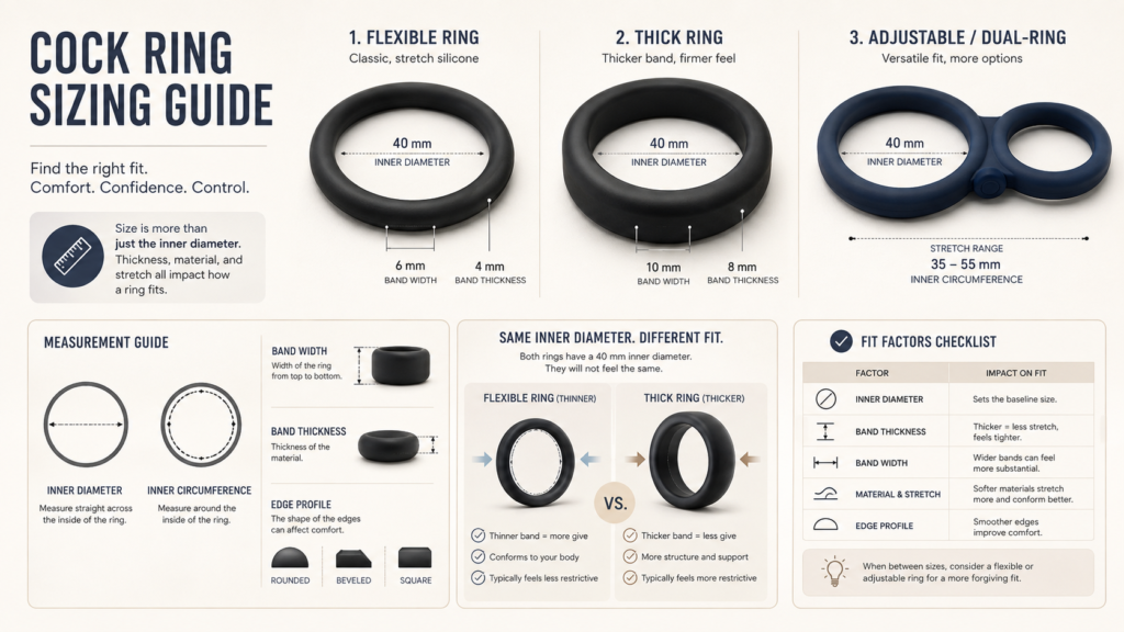 cock ring sizing infographic showing inner diameter band width thickness stretch range and different ring designs