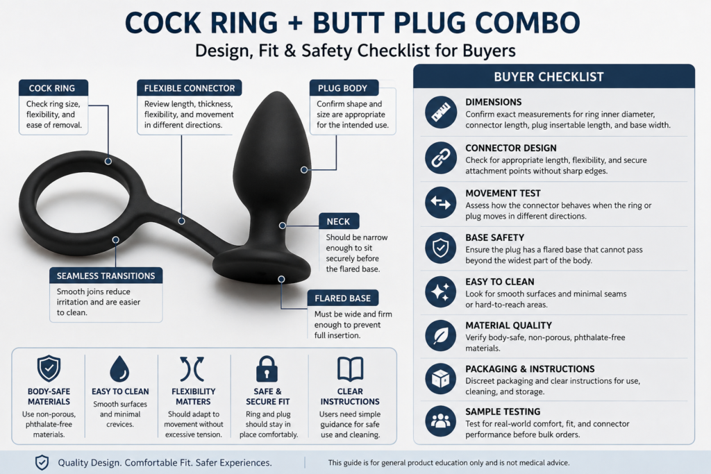 cock ring and butt plug combo infographic showing ring fit flexible connector flared base materials cleaning and buyer checks
