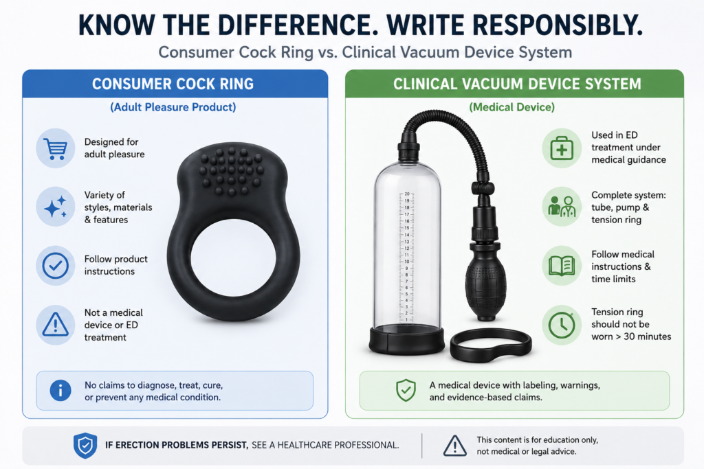 infographic comparing a consumer cock ring with a clinical vacuum erection device system and explaining ED claim boundaries