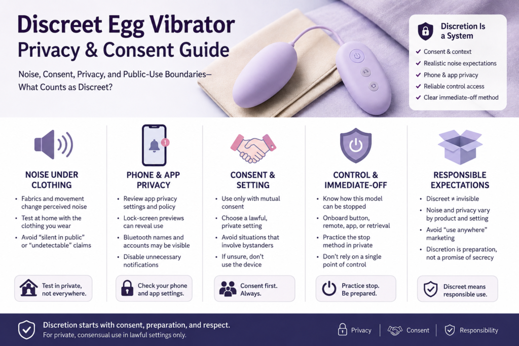 Discreet egg vibrator guide covering noise, consent, phone and app privacy, control access, and responsible private use