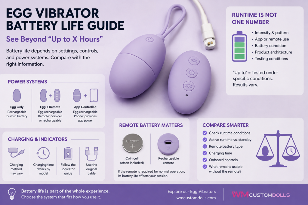 Egg vibrator battery life guide showing runtime conditions, charging time, remote battery, app control, standby, and power system differences