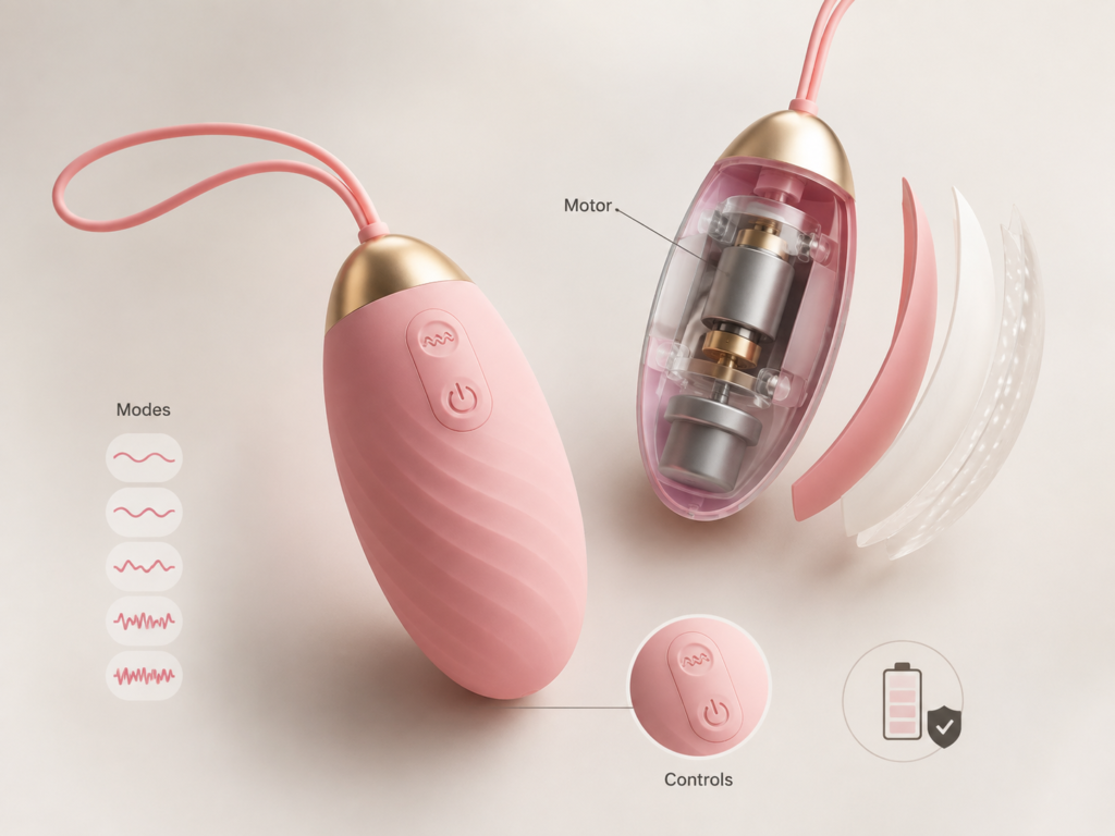Egg vibrator vibration modes guide showing motor placement, shell construction, controls, battery, and different vibration patterns