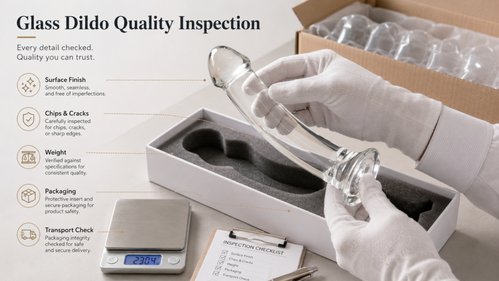 Glass dildo quality inspection for surface finish, chips, cracks, weight, packaging, and transport damage