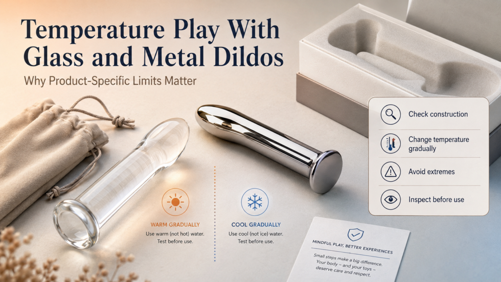Temperature play guide for glass and metal dildos with product-specific limits and thermal-shock caution