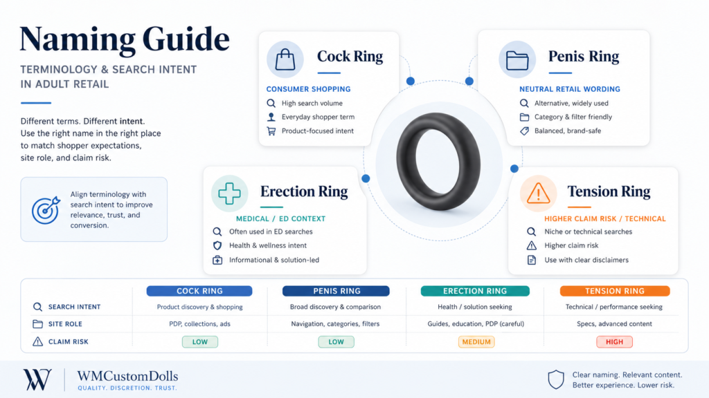infographic comparing cock ring penis ring erection ring and tension ring by search intent category use and claim risk