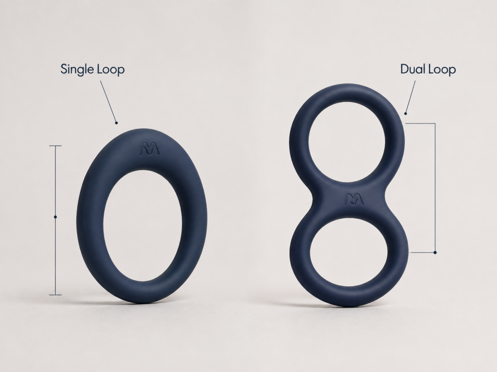 `single and dual cock ring comparison showing one-loop and two-loop product designs`