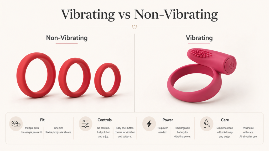 comparison of non-vibrating silicone cock rings and a vibrating cock ring for couples