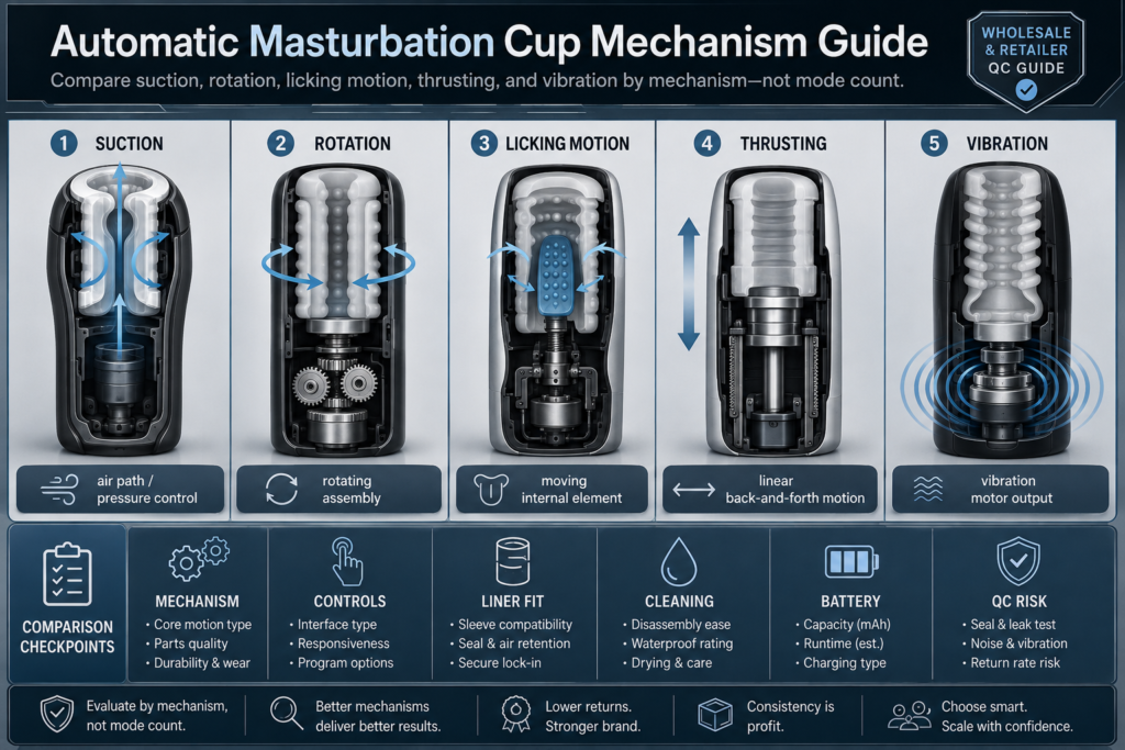 Automatic masturbation cup mechanisms compared by suction, rotation, licking motion, thrusting, vibration, controls, liner fit, cleaning, battery, and QC risk