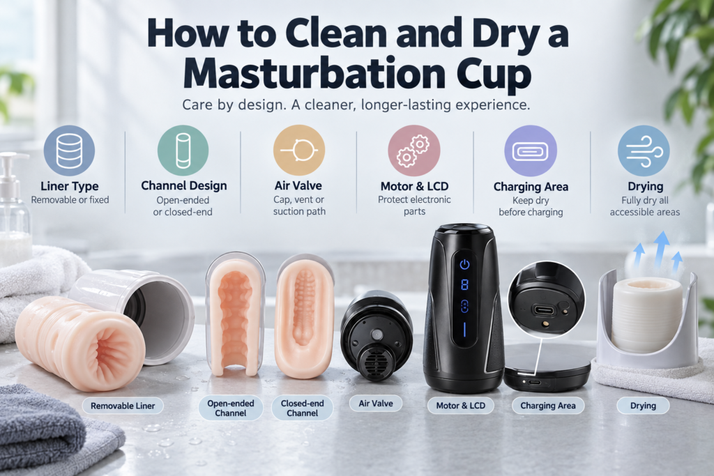 How to clean and dry a masturbation cup by liner type, channel design, air valve, motor, LCD, charging area, and drying method
