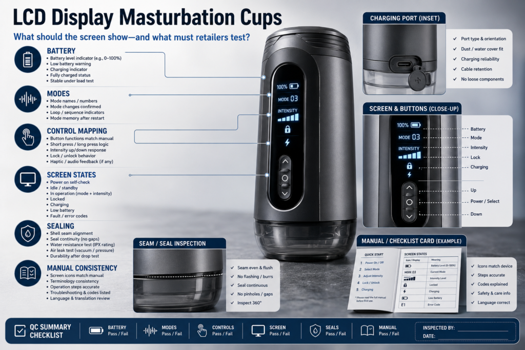 LCD display masturbation cup QC checklist showing battery, modes, control mapping, screen states, seals, charging port, and manual consistency