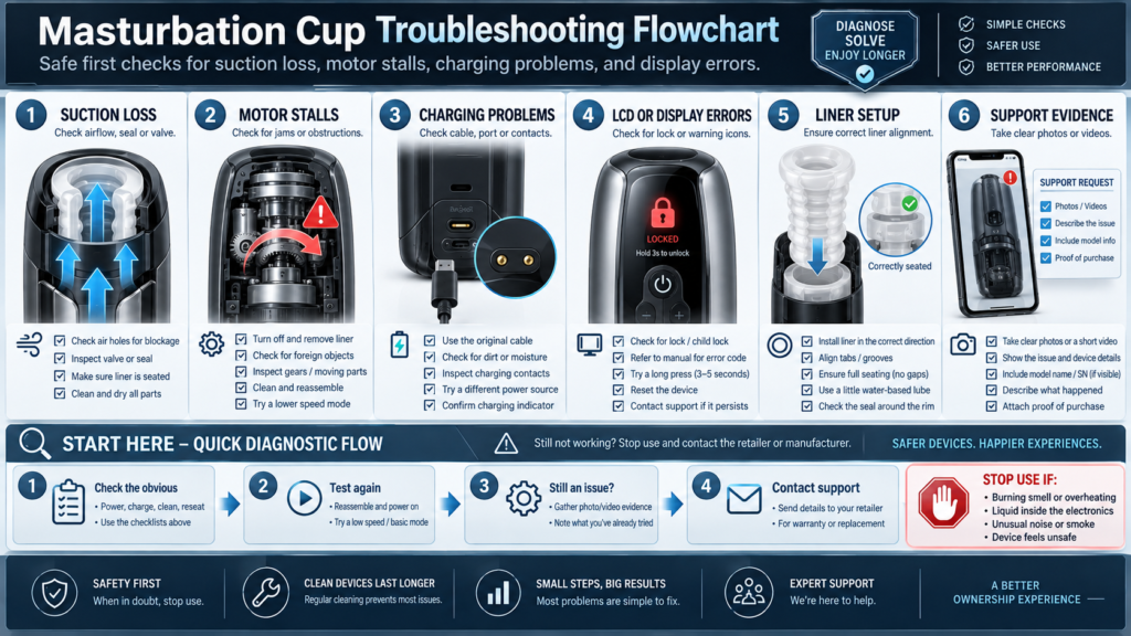 Masturbation cup troubleshooting flowchart for suction loss, motor stalls, charging problems, LCD errors, liner setup, and support evidence
